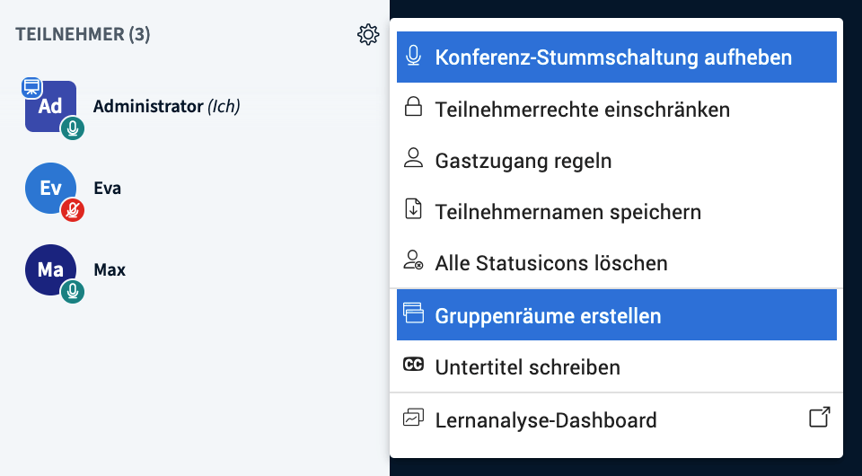 BigBlueButton Einstellungen Teilnehmer Verwaltung