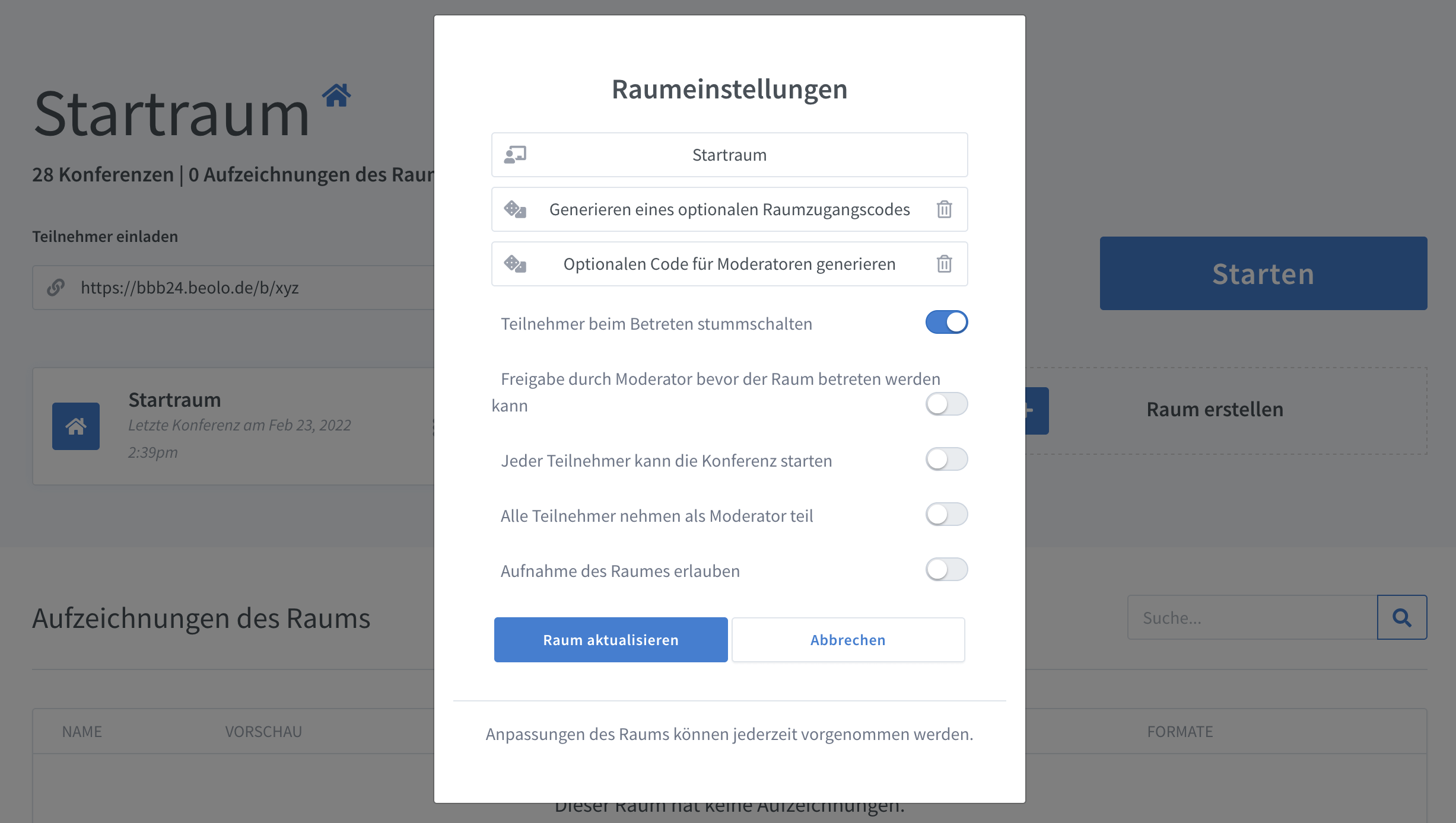 BigBlueButton Raumeinstellungen