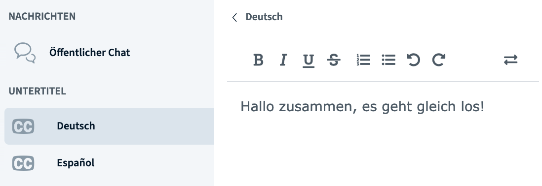 Untertitel BigBlueButton Untertitel Auswahlliste