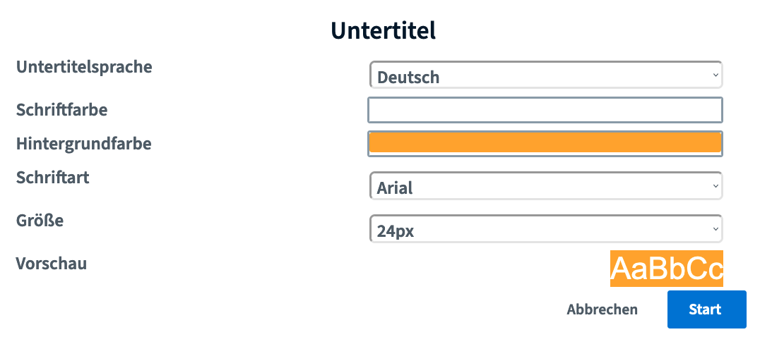 Untertitel BigBlueButton Untertitel Einstellungen