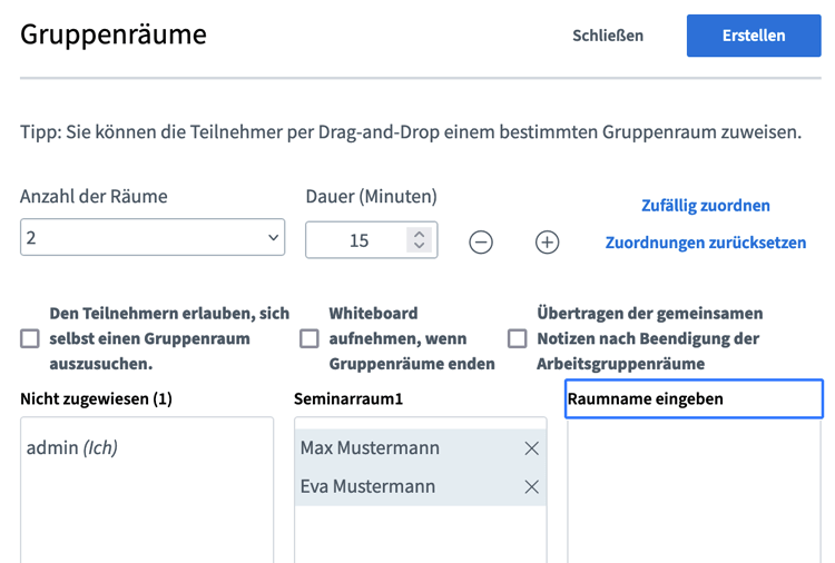 Gruppenräume / Breakout-Räume BigBlueButton Individueller Raumname
