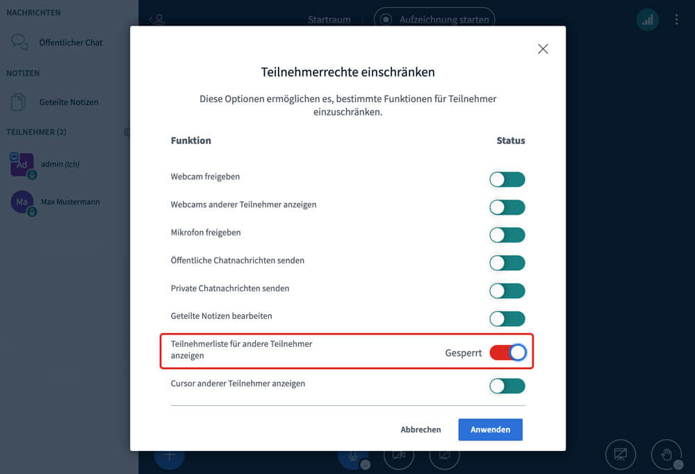Teilnehmerrechte BigBlueButton Features Teilnehmerrechte