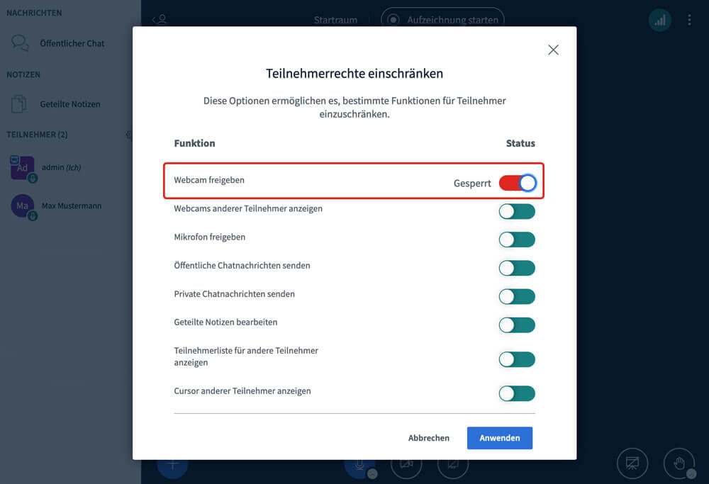 Teilnehmerrechte BigBlueButton Features Teilnehmerrechte
