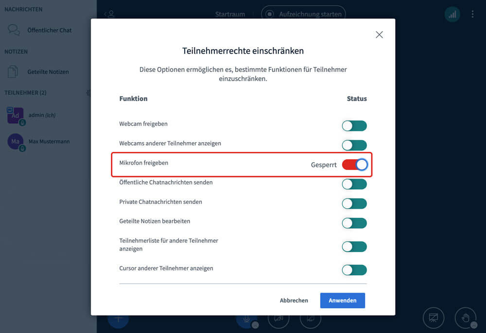 Teilnehmerrechte BigBlueButton Features Teilnehmerrechte