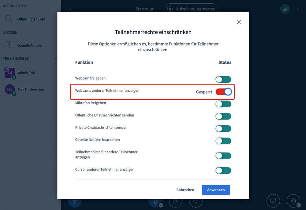 Teilnehmerrechte BigBlueButton Features Teilnehmerrechte