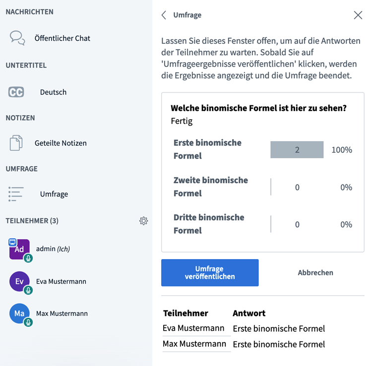 Umfragen und Abstimmungen BigBlueButton Features Umfragen Ergebnisse