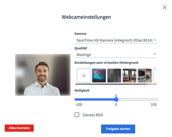 Audio- und Videoübertragung Webcameinstellungen