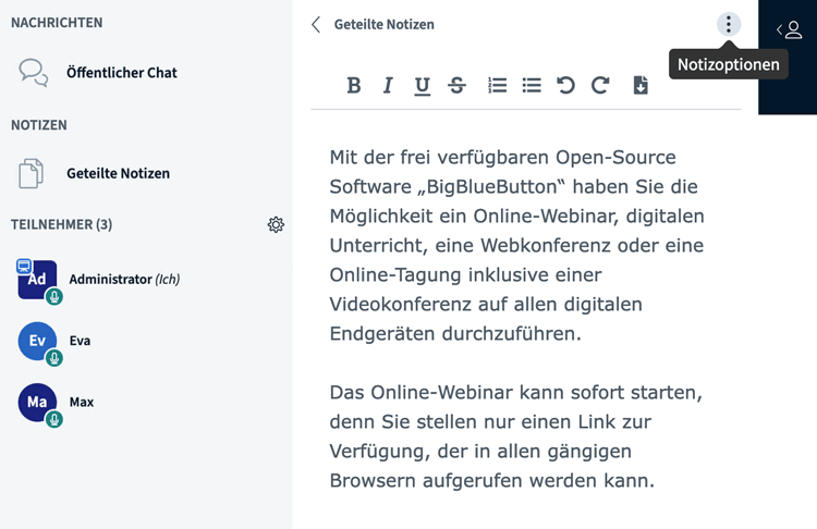 BigBlueButton geteilte Notizen