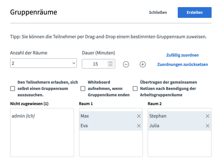 Gruppenräume / Breakout-Räume BigBlueButton Gruppenräume Breakout-Rooms