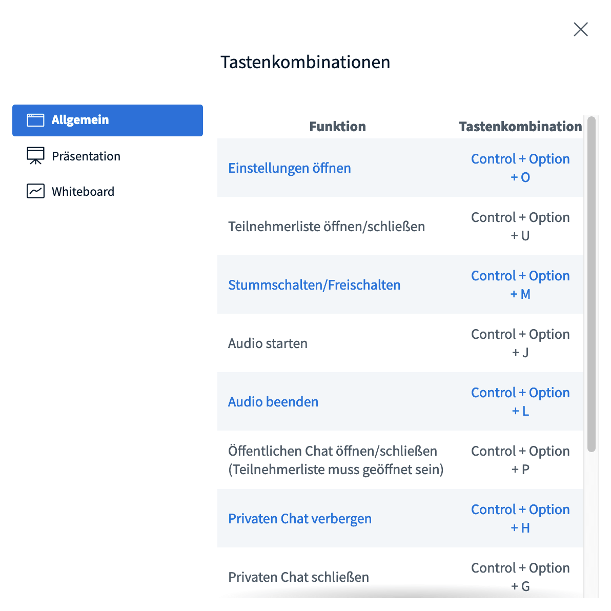 BigBlueButton Tastenkombinationen