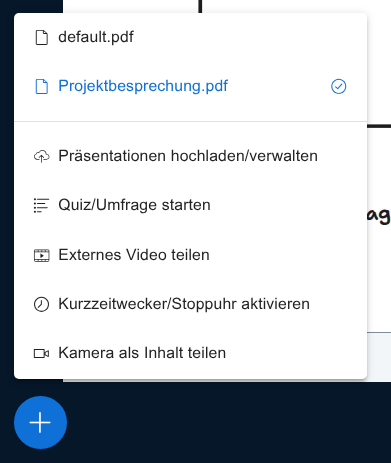 Menü Aktionen in BigBlueButton mit Präsentationen hochladen/verwalten