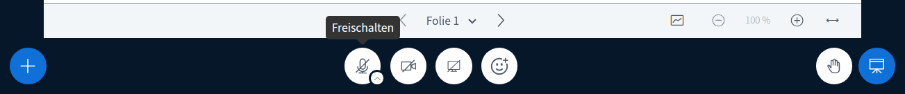 Wie kann ich mich selber in einer BigBlueButton*-Sitzung Stummschalten? Untere Leiste in BigBlueButton mit dem Mikrofon-Symbol und dem Tooltip Freischalten