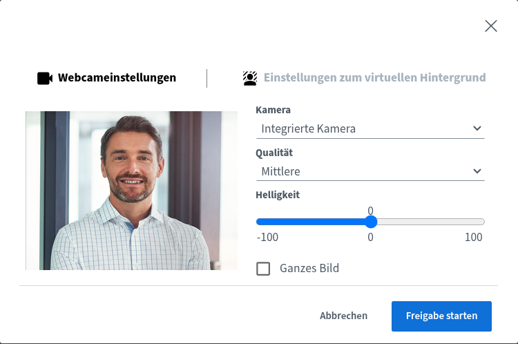 Audio- und Videoübertragung Fenster „Webcameinstellungen“ mit Vorschaubild