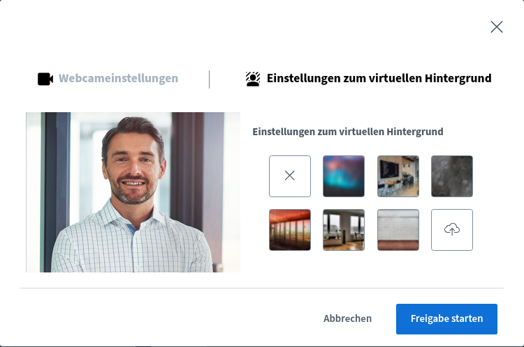 Wie kann ich in BigBlueButton* den Webcam-Hintergrund ändern? Reiter Einstellungen zum virtuellen Hintergrund mit Vorschaubild
