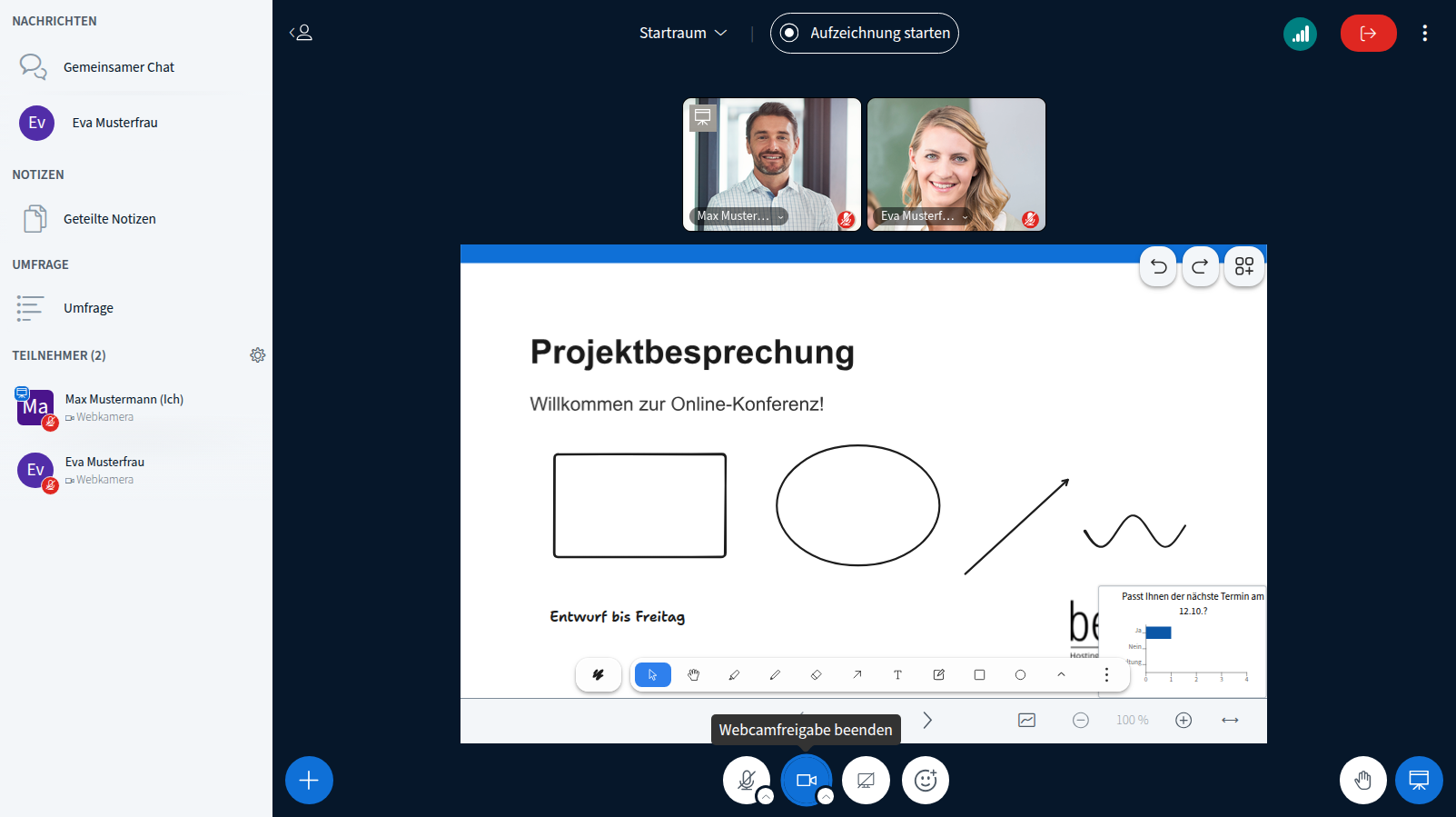 BigBlueButton* 3.0 in der Praxis: Die wichtigsten Funktionen im Überblick Konferenzansicht in BigBlueButton 3.0 mit zwei Webcam-Kacheln über der Präsentation