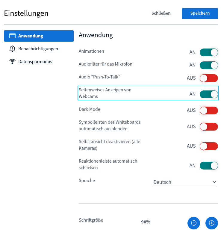 Teilnehmerrechte Fenster „Einstellungen“, Schalter „Seitenweises Anzeigen von Webcams“ markiert