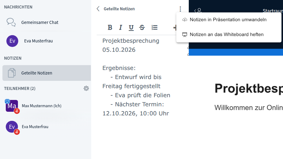 Notizen Geteilte Notizen mit Menü „Notizen in Präsentation umwandeln“