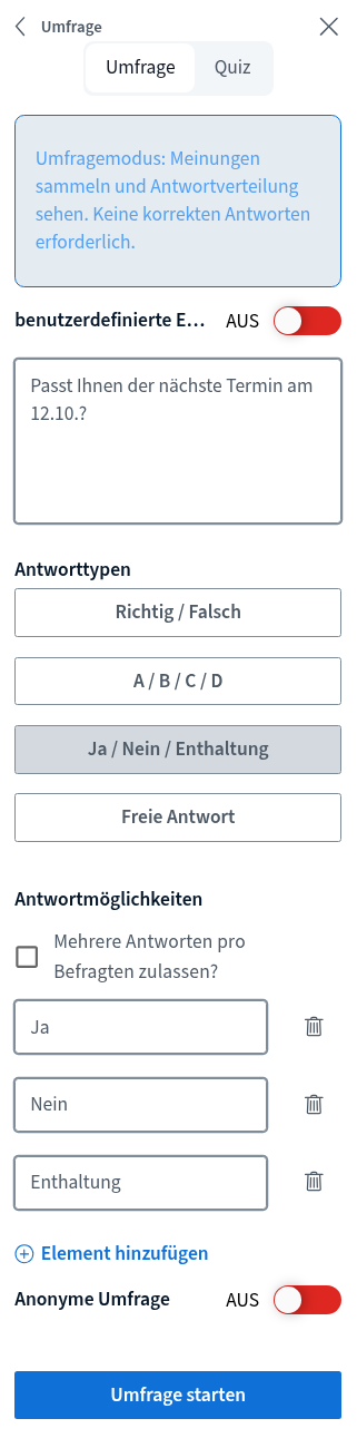 Umfragebereich in BigBlueButton mit den Antworttypen