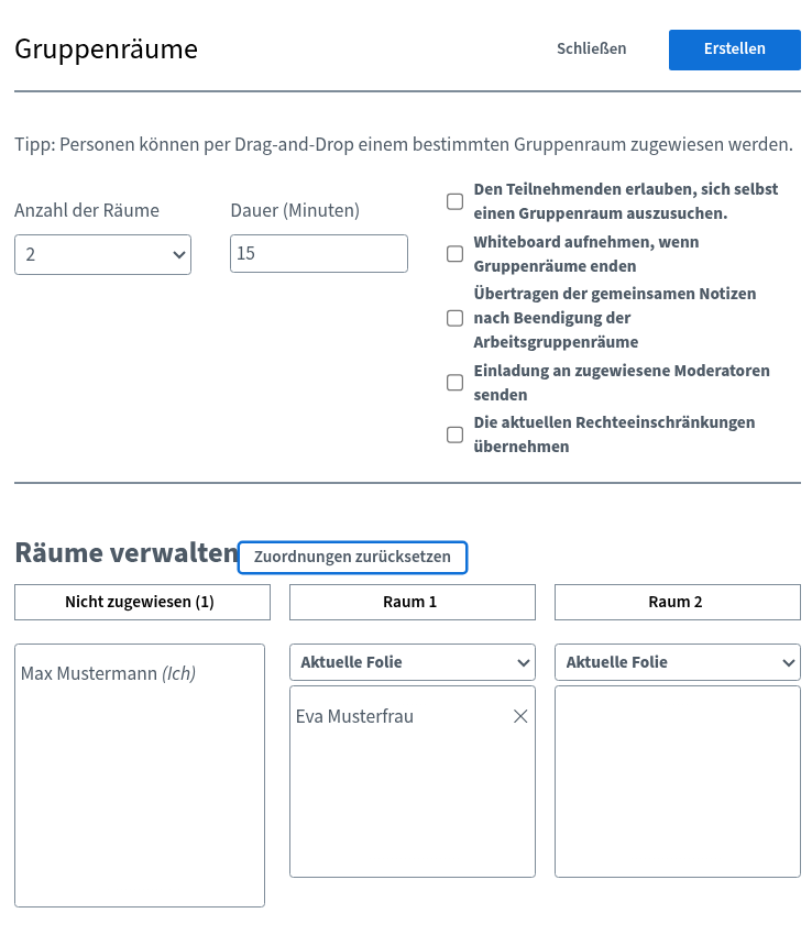 Fenster „Gruppenräume“ (Anzahl, Dauer, Zuordnung)