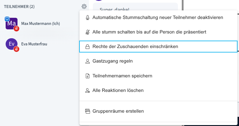 Teilnehmerrechte Menü „Teilnehmende verwalten“, Eintrag „Rechte der Zuschauenden einschränken“ markiert