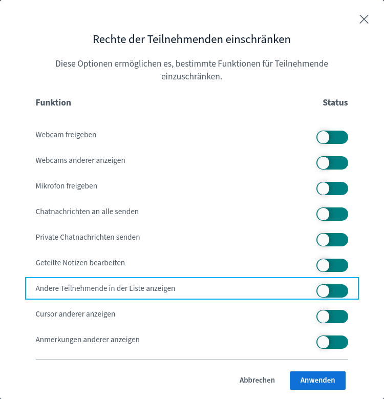 Teilnehmerrechte Fenster „Rechte der Teilnehmenden einschränken“, Zeile „Andere Teilnehmende in der Liste anzeigen“ markiert