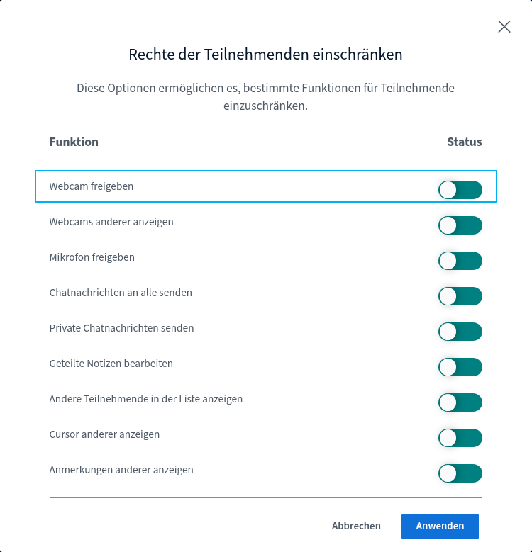 Teilnehmerrechte Fenster „Rechte der Teilnehmenden einschränken“, Zeile „Webcam freigeben“ markiert