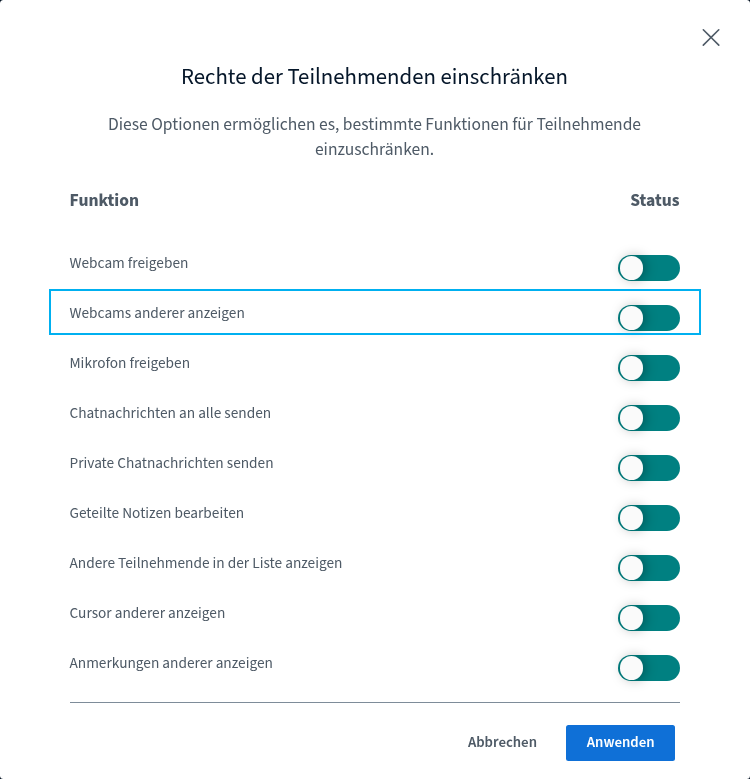 Teilnehmerrechte Fenster „Rechte der Teilnehmenden einschränken“, Zeile „Webcams anderer anzeigen“ markiert