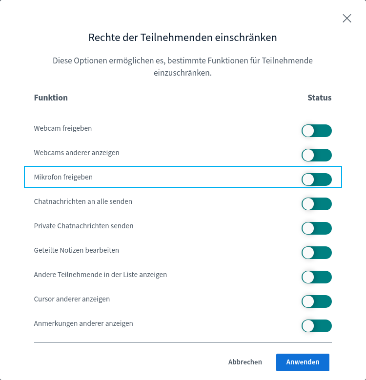 Teilnehmerrechte Fenster „Rechte der Teilnehmenden einschränken“, Zeile „Mikrofon freigeben“ markiert